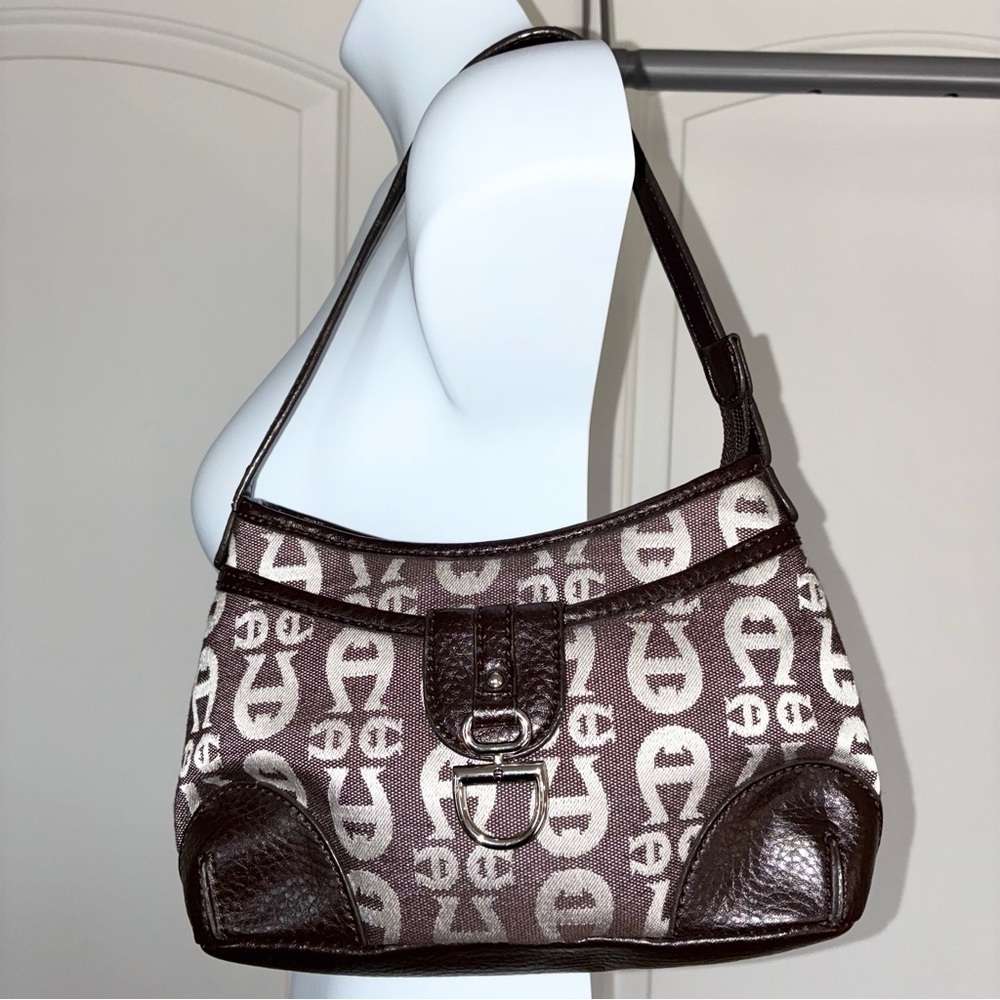Vintage 90s Etienne Aigner Shoulder Bag Purse Jacquard Logo Leather Brown - Picture 2 of 10